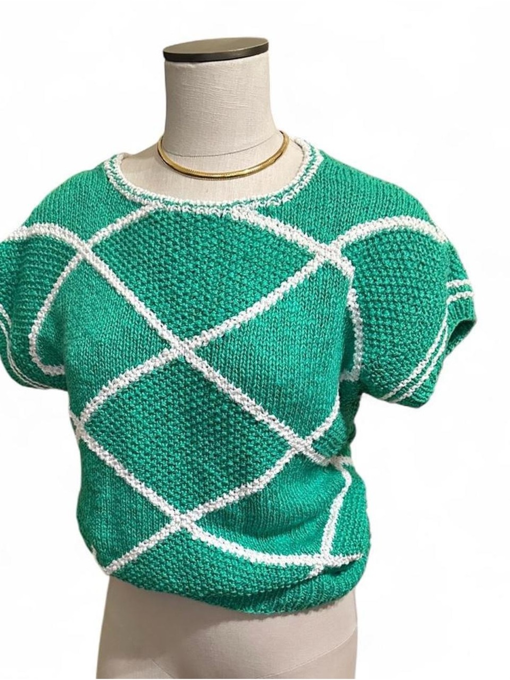 Vintage Liz Claiborne Preppy Green Knit Crewneck with White Diamond Trim